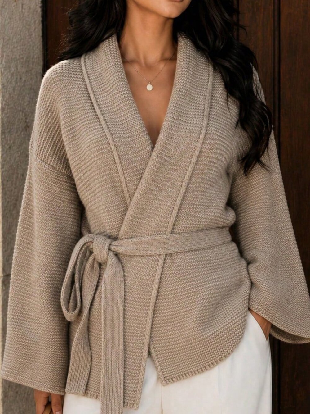 Khaki Casual Women's Shawl Collar Regular Fit Loose Long Sleeve Belted Cardigan